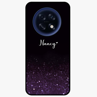 Glittery Purple Bokeh Custom Name Glass Case showing flat back view with purple bokeh sparkle artwork and personalized name design.