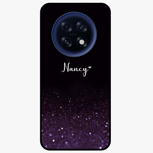 Glittery Purple Bokeh Custom Name Glass Case showing flat back view with purple bokeh sparkle artwork and personalized name design.