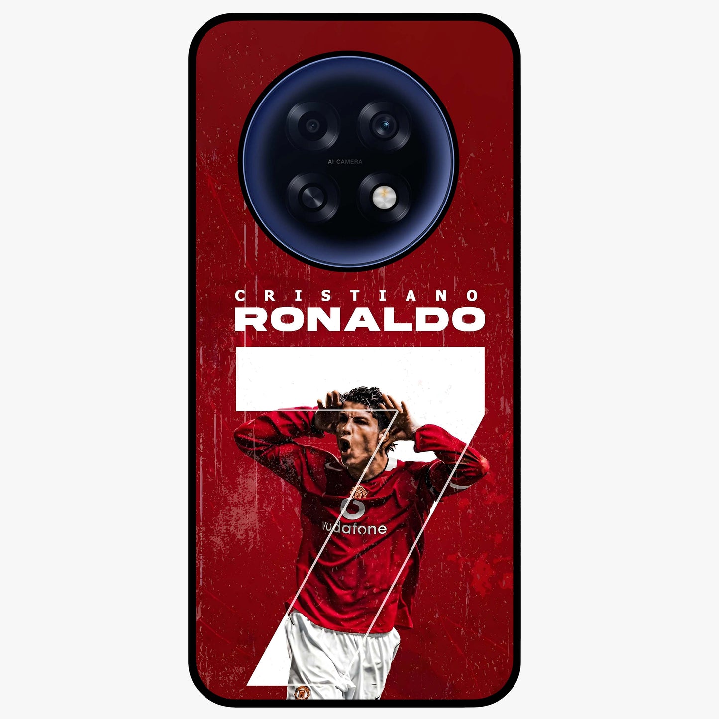 Goal Celebration Legacy Glass Case showing flat back view with football celebration inspired artwork and glossy glass finish.
