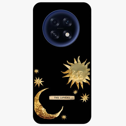 Golden Celestial Charm Glass Case showing flat back view with golden celestial charm artwork and glossy glass finish.