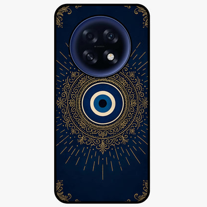 Golden Evil Eye Mandala Glass Case showing flat back view with intricate evil eye mandala artwork and glossy glass finish.