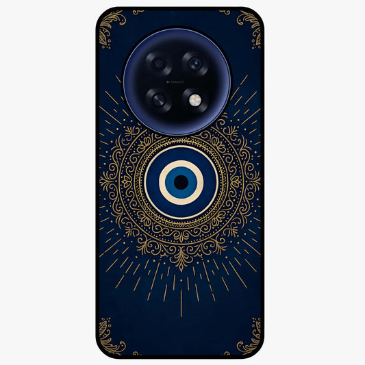 Golden Evil Eye Mandala Glass Case showing flat back view with intricate evil eye mandala artwork and glossy glass finish.