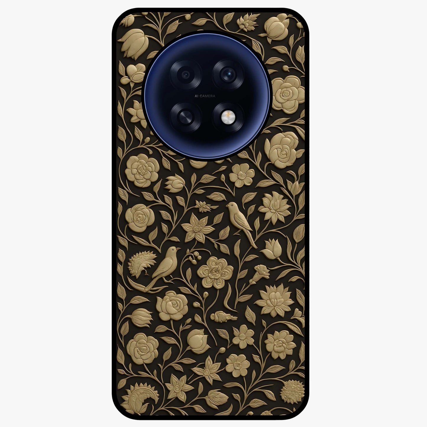 Golden Floral Majesty Glass Case showing flat back view with luxurious golden floral artwork and glossy glass finish.