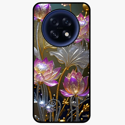 Golden Lotus Glow Glass Case showing flat back view with glowing lotus flower artwork and glossy glass finish.