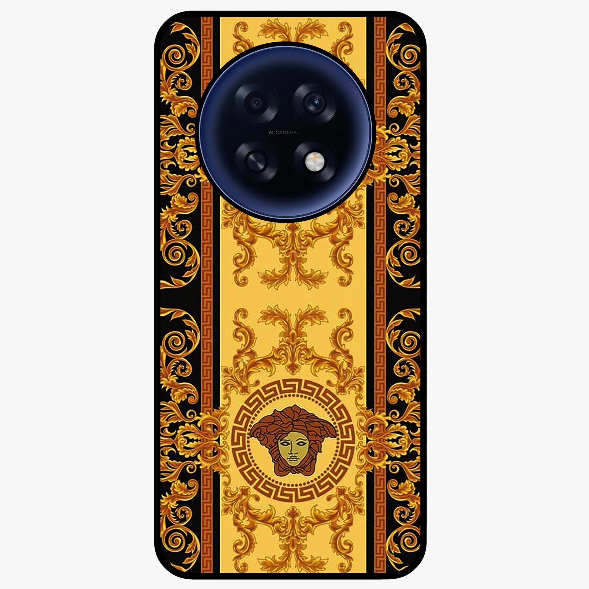 Golden Royal Heritage Glass Case showing flat back view with ornate royal pattern artwork and glossy glass finish.