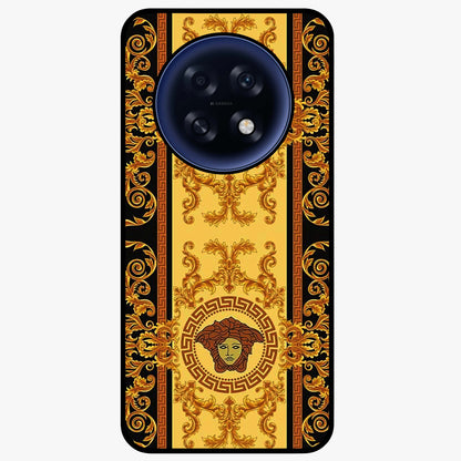 Golden Royal Heritage Glass Case showing flat back view with ornate royal pattern artwork and glossy glass finish.