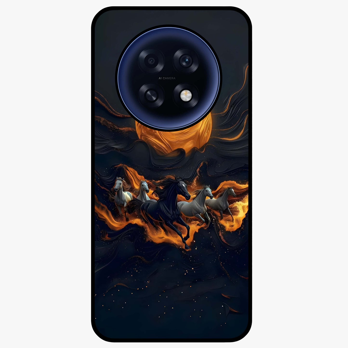 Golden Stallion Moonride Glass Case showing flat back view with majestic horse under moonlight artwork and glossy glass finish.