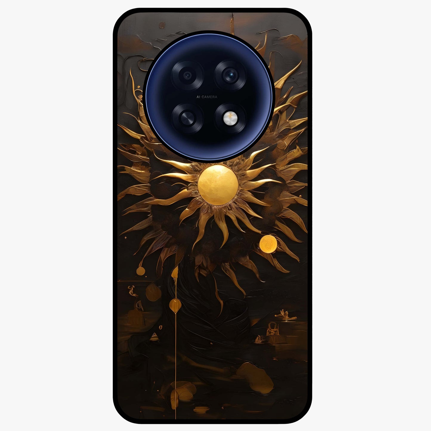 Golden Sun Majesty Glass Case showing flat back view with radiant golden sun artwork and glossy glass finish.