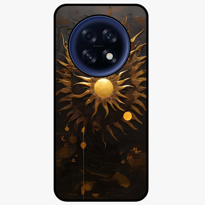 Golden Sun Majesty Glass Case showing flat back view with radiant golden sun artwork and glossy glass finish.