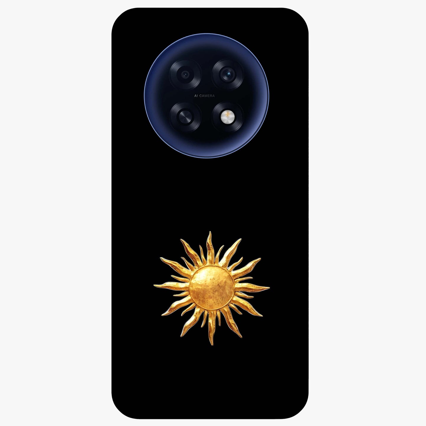 Golden Sun Minimalism Glass Case showing flat back view with minimal golden sun artwork and glossy glass finish.