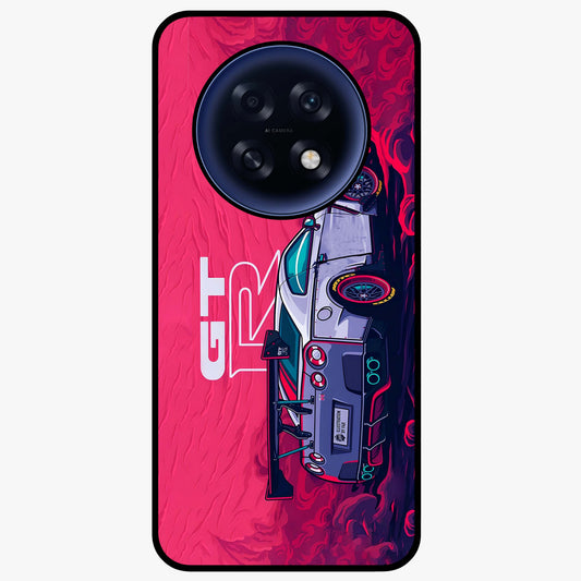 GT-R Car Pattern Glass Case showing flat back view with sporty car inspired pattern artwork and glossy glass finish.