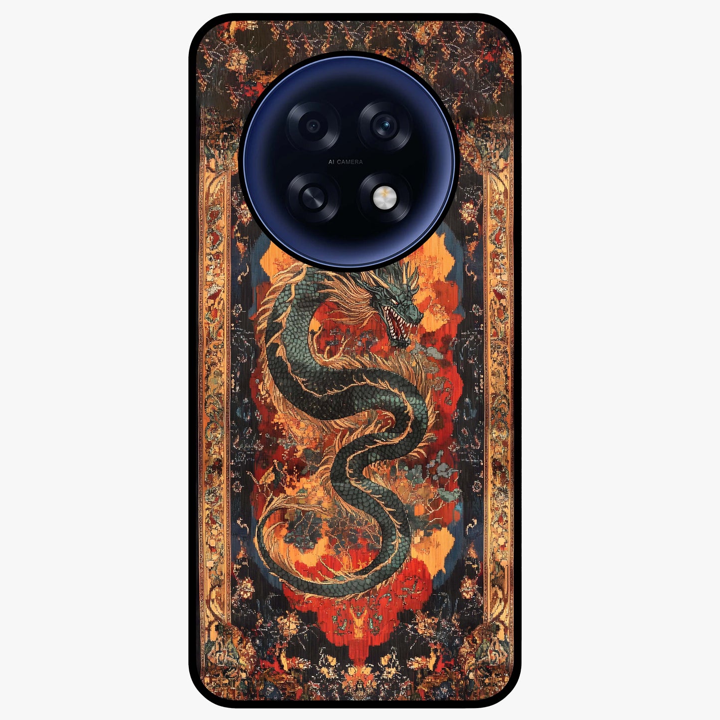 Inferno Dragon Soul Glass Case showing flat back view with fiery dragon artwork and glossy glass finish.