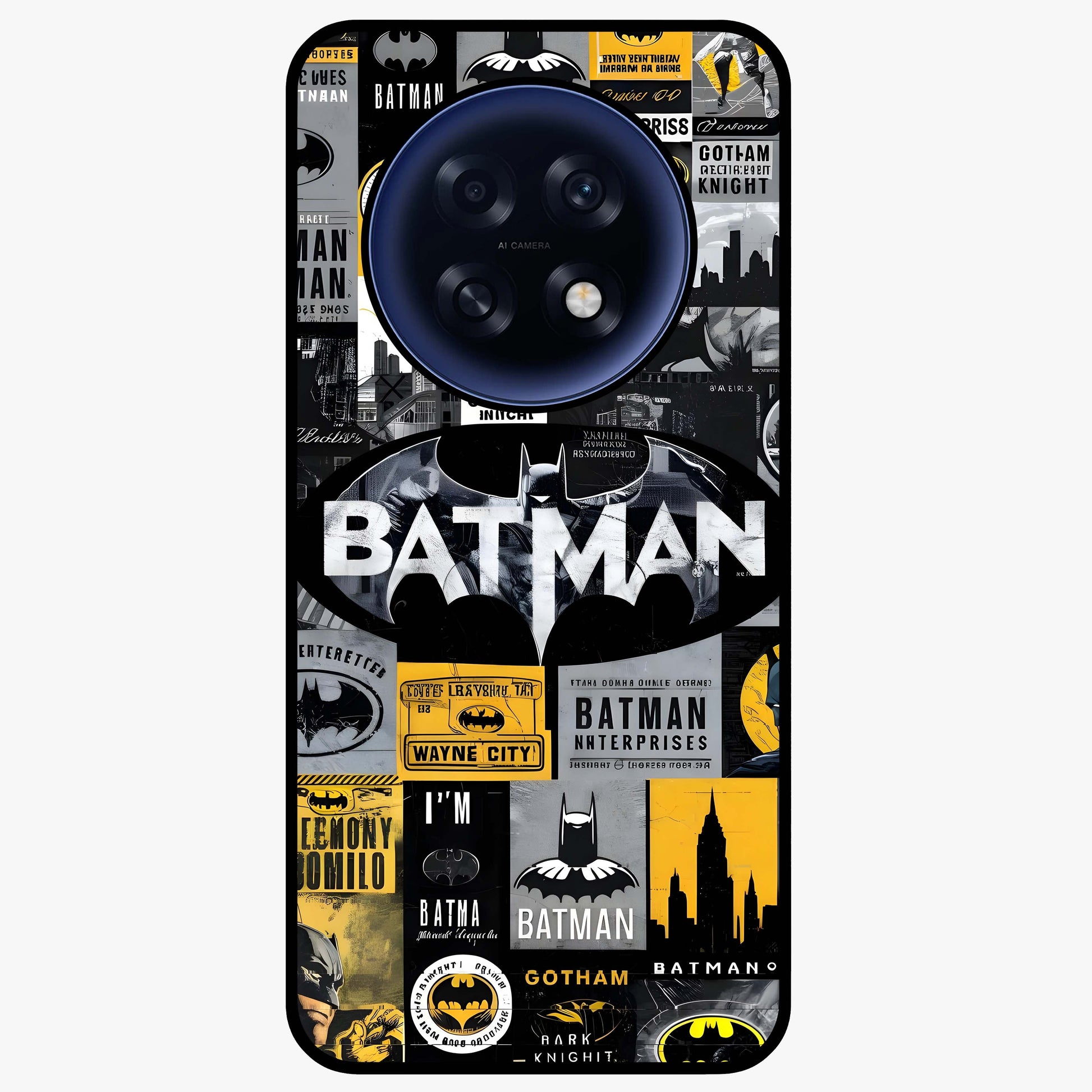 Knight Gotham Rise Glass Case showing flat back view with dark hero inspired artwork and glossy glass finish.
