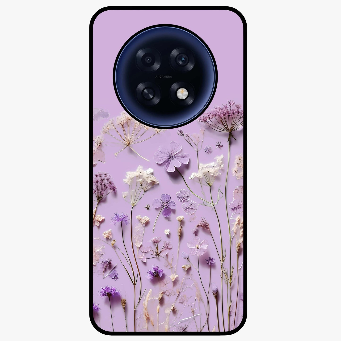 Lavender Blossom Dream Glass Case showing flat back view with soft lavender floral artwork and glossy glass finish.