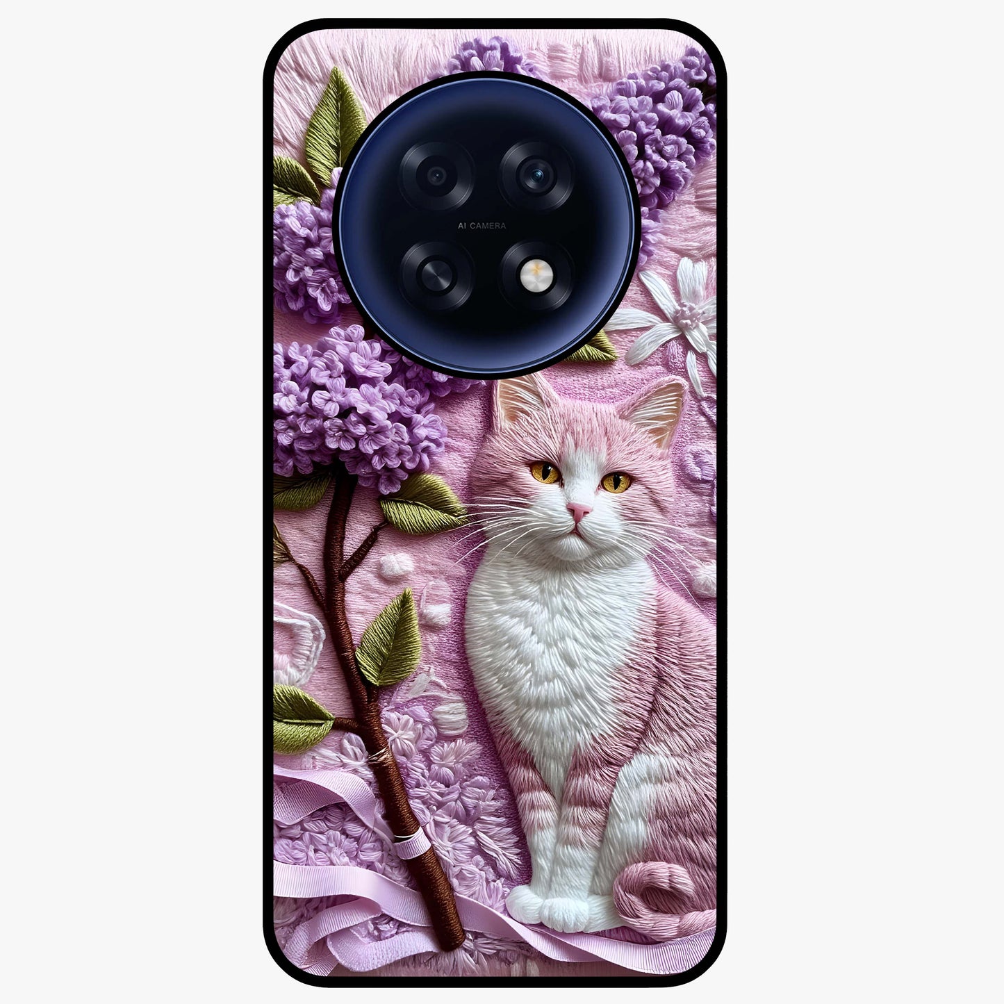 Lavender Cat Whimsy Glass Case showing flat back view with cute lavender cat artwork and glossy glass finish.