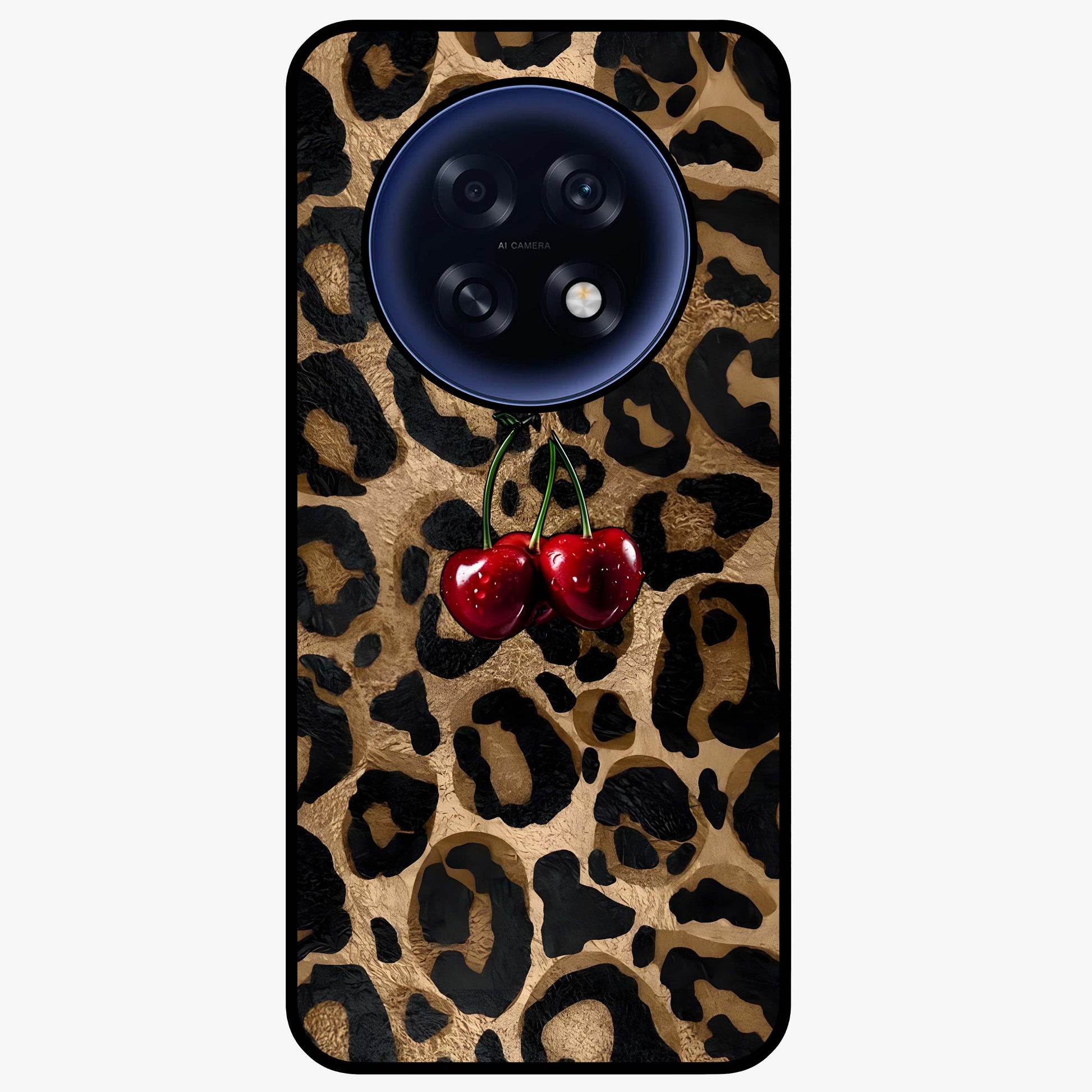 Leopard Wild Cherry Glass Case showing flat back view with leopard pattern and cherry artwork and glossy glass finish.