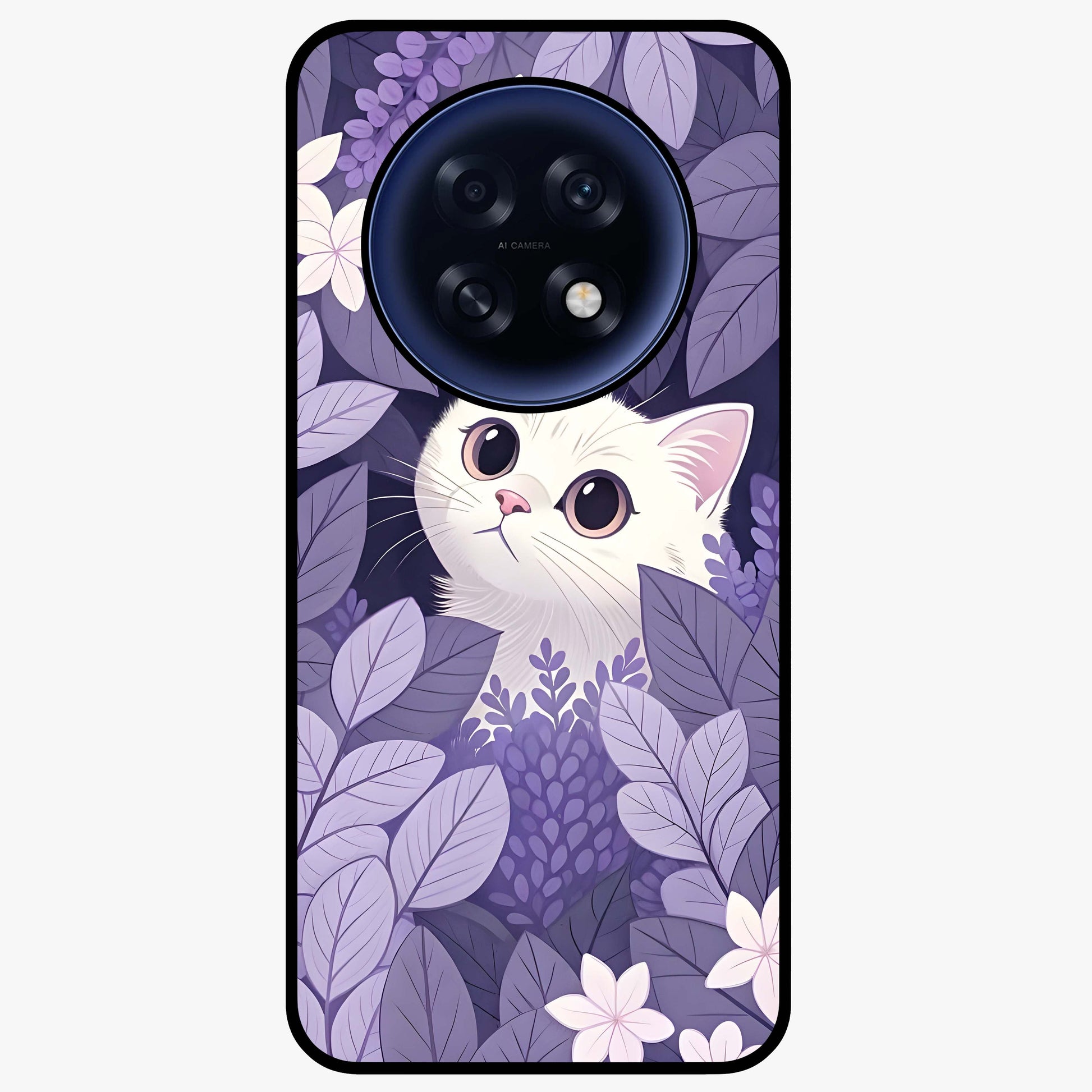 Lilac Hide Peek Cat Glass Case showing flat back view with cute peeking cat artwork and glossy glass finish.