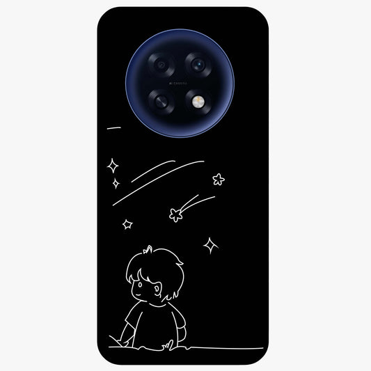 Line Art Boy With Shooting Stars Glass Case showing flat back view with minimal line art boy and shooting stars illustration and glossy glass finish.