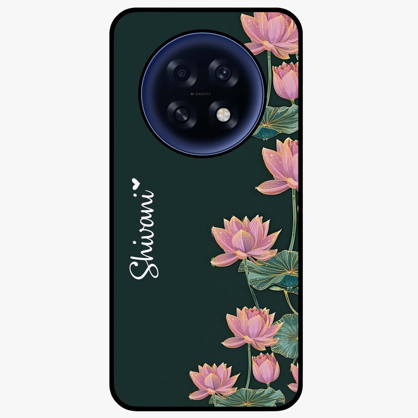 Lotus Bloom Serenity Custom Name Glass Case showing flat back view with elegant lotus flower artwork and personalized name design.