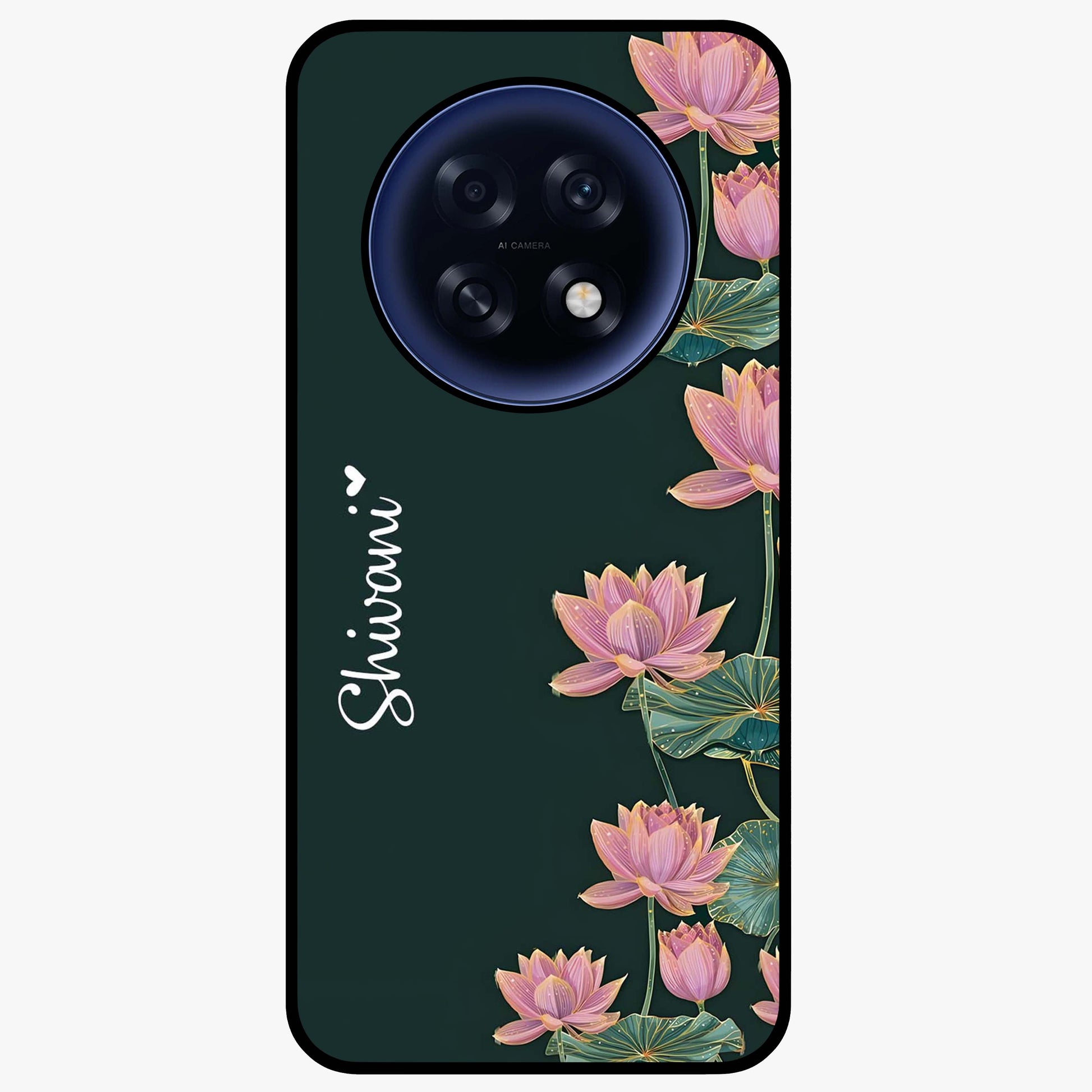 Lotus Bloom Serenity Custom Name Glass Case showing flat back view with elegant lotus flower artwork and personalized name design.