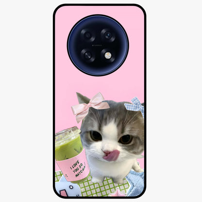 Love Matcha Cat Glass Case showing flat back view with cute cat and matcha themed artwork and glossy glass finish.