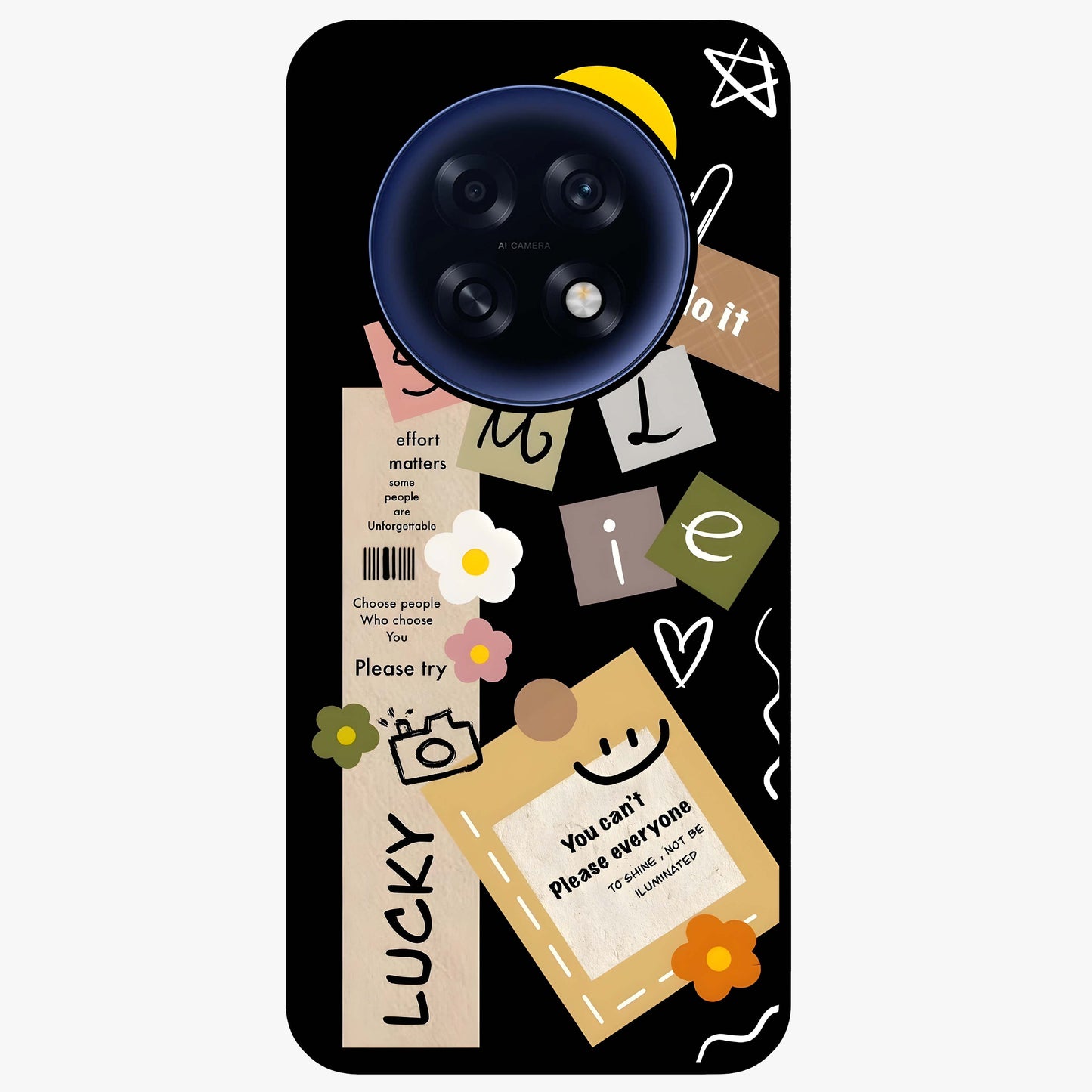 Lucky Aesthetic Collage Glass Case showing flat back view with trendy aesthetic collage artwork and glossy glass finish.