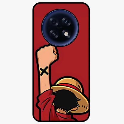 Luffy X Spirit Glass Case showing flat back view with bold anime character artwork and glossy glass finish.