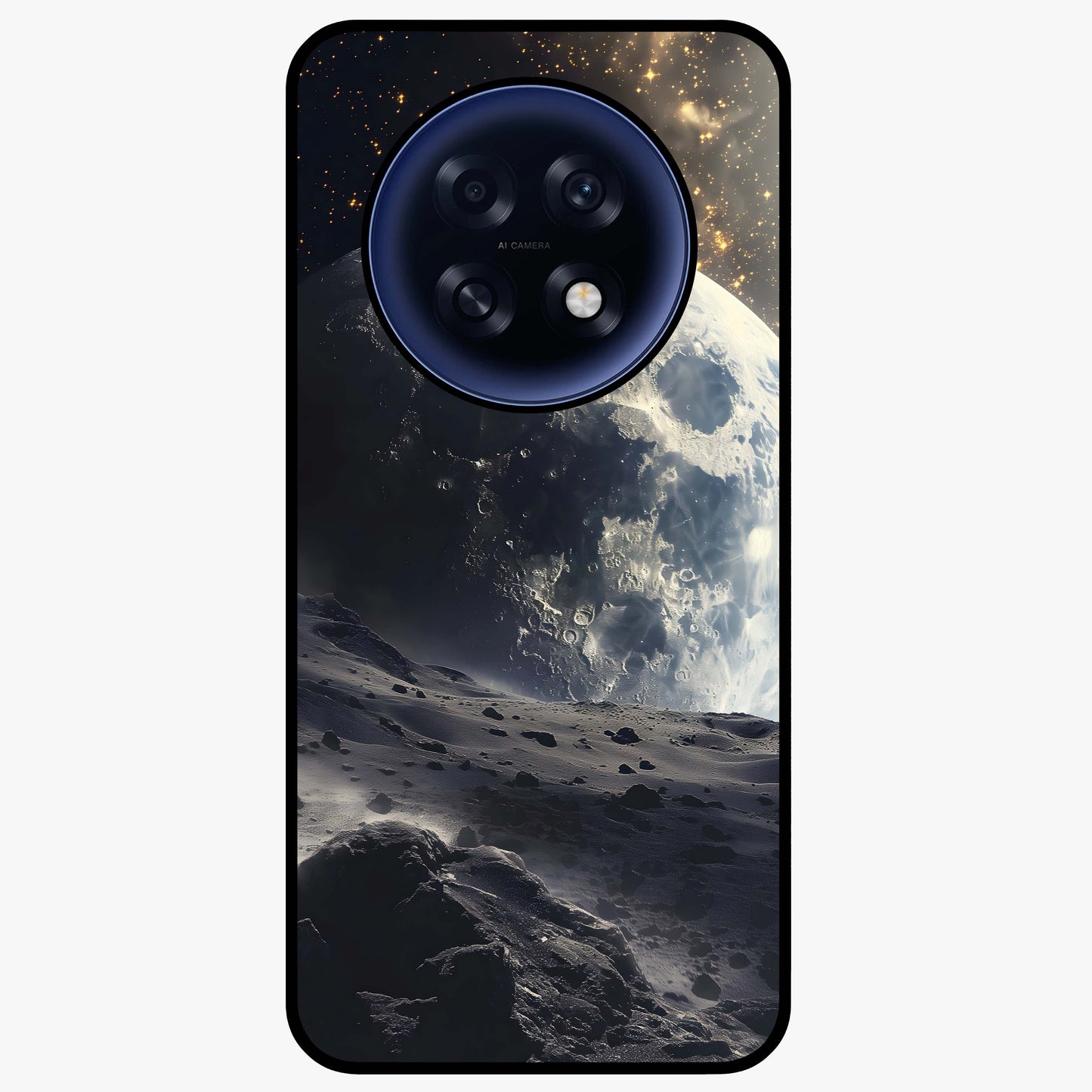 Lunar Horizon Glow Glass Case showing flat back view with glowing moon horizon artwork and glossy glass finish.