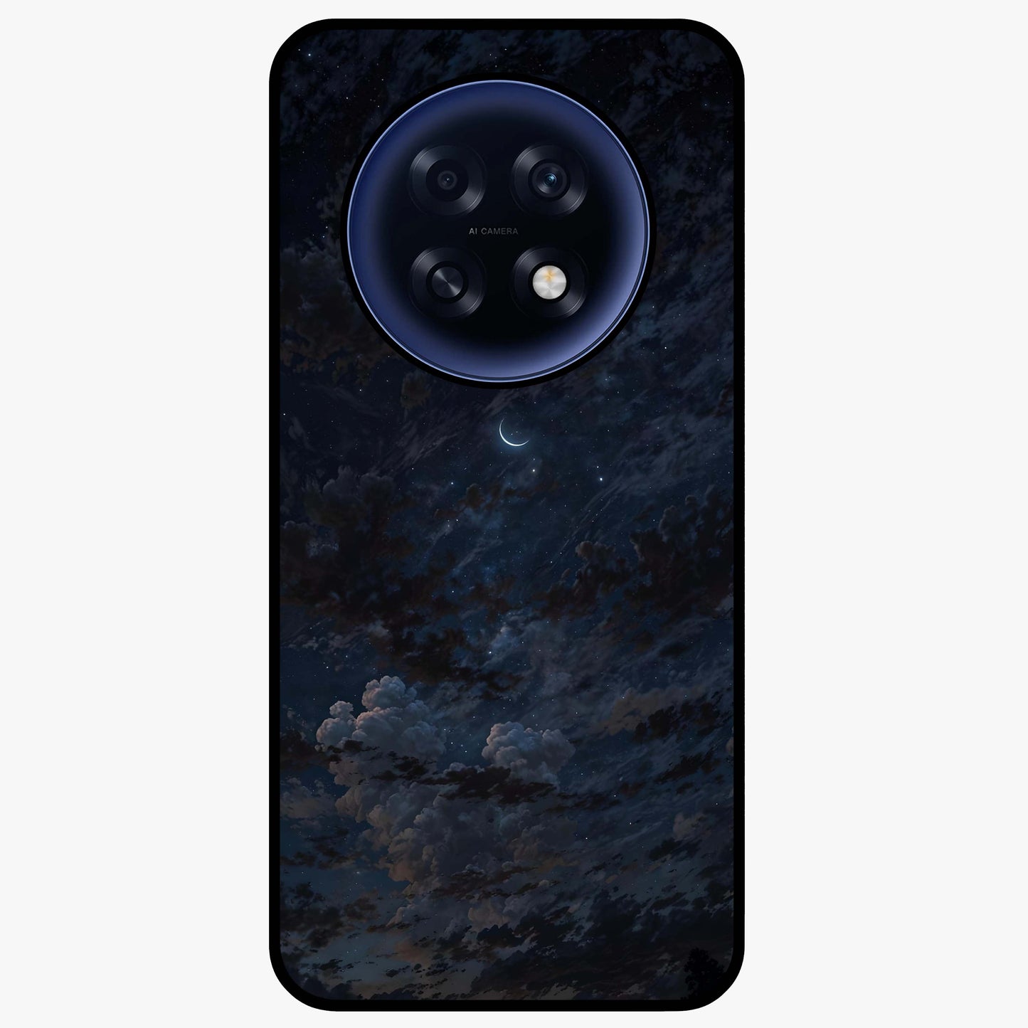 Lunar Veil Silence Glass Case showing flat back view with mystical moon veil artwork and glossy glass finish.