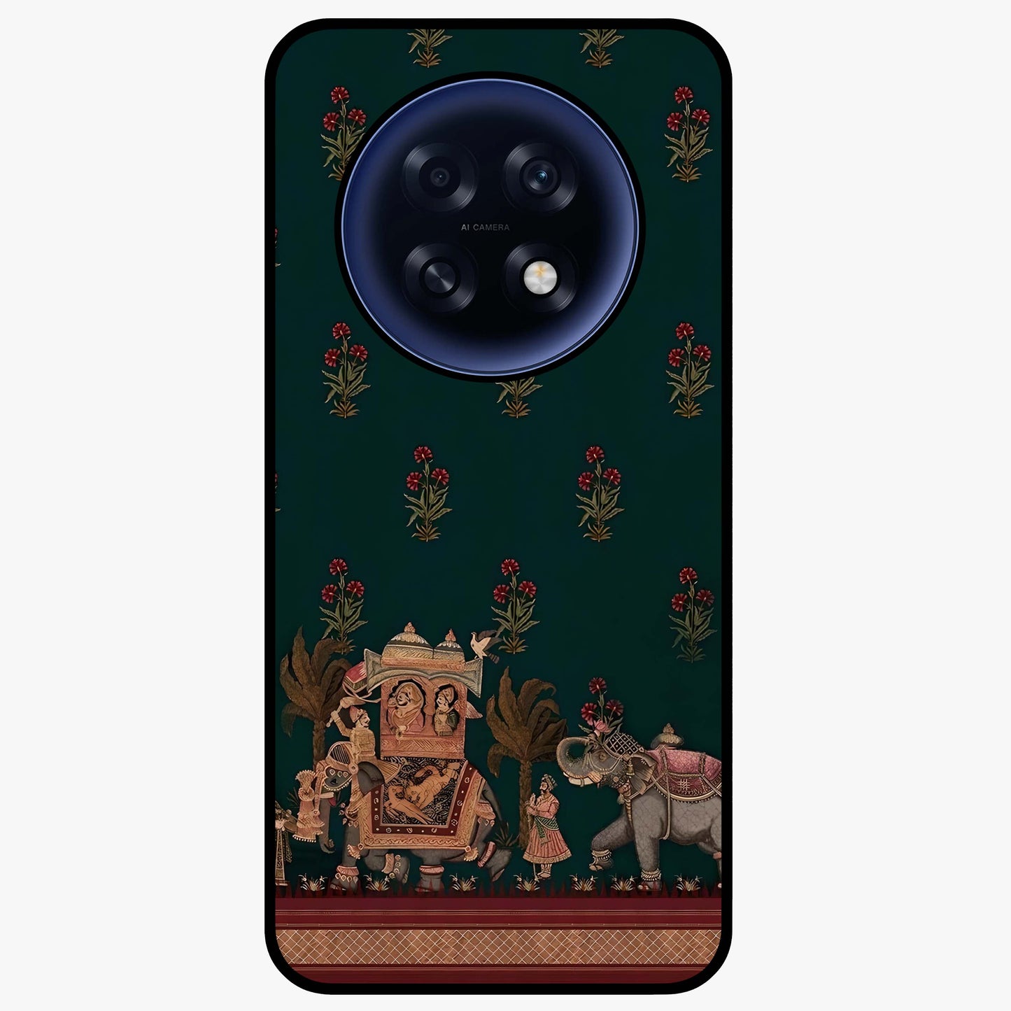 Macmerise Glass Case showing flat back view with stylish modern artwork and glossy glass finish.