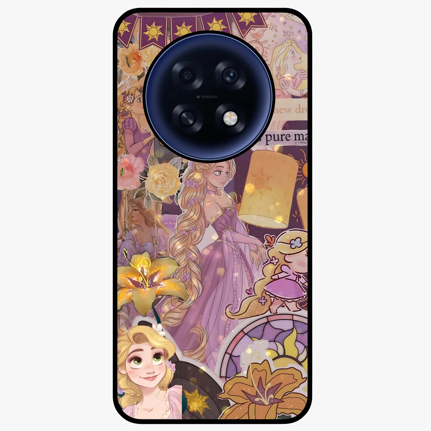 Magical Tangled Dream Glass Case showing flat back view with dreamy tangled artwork and glossy glass finish.