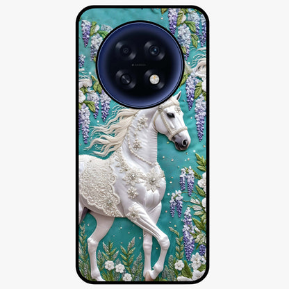 Majestic Floral Stallion Glass Case showing flat back view with powerful horse and floral artwork and glossy glass finish.