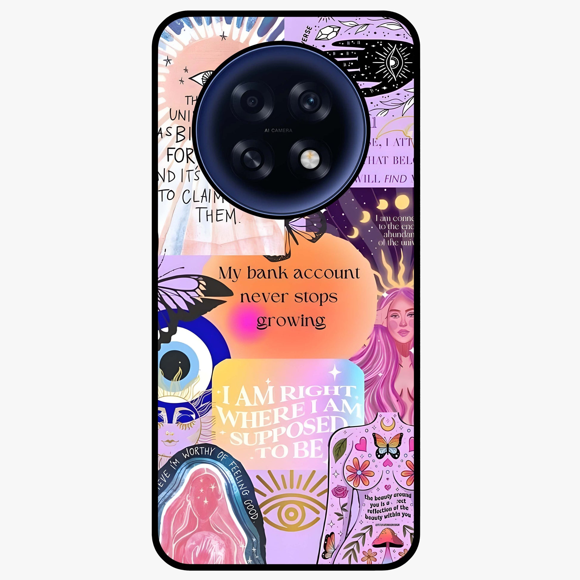 Manifestation Collage Glass Case showing flat back view with motivational collage artwork and glossy glass finish.