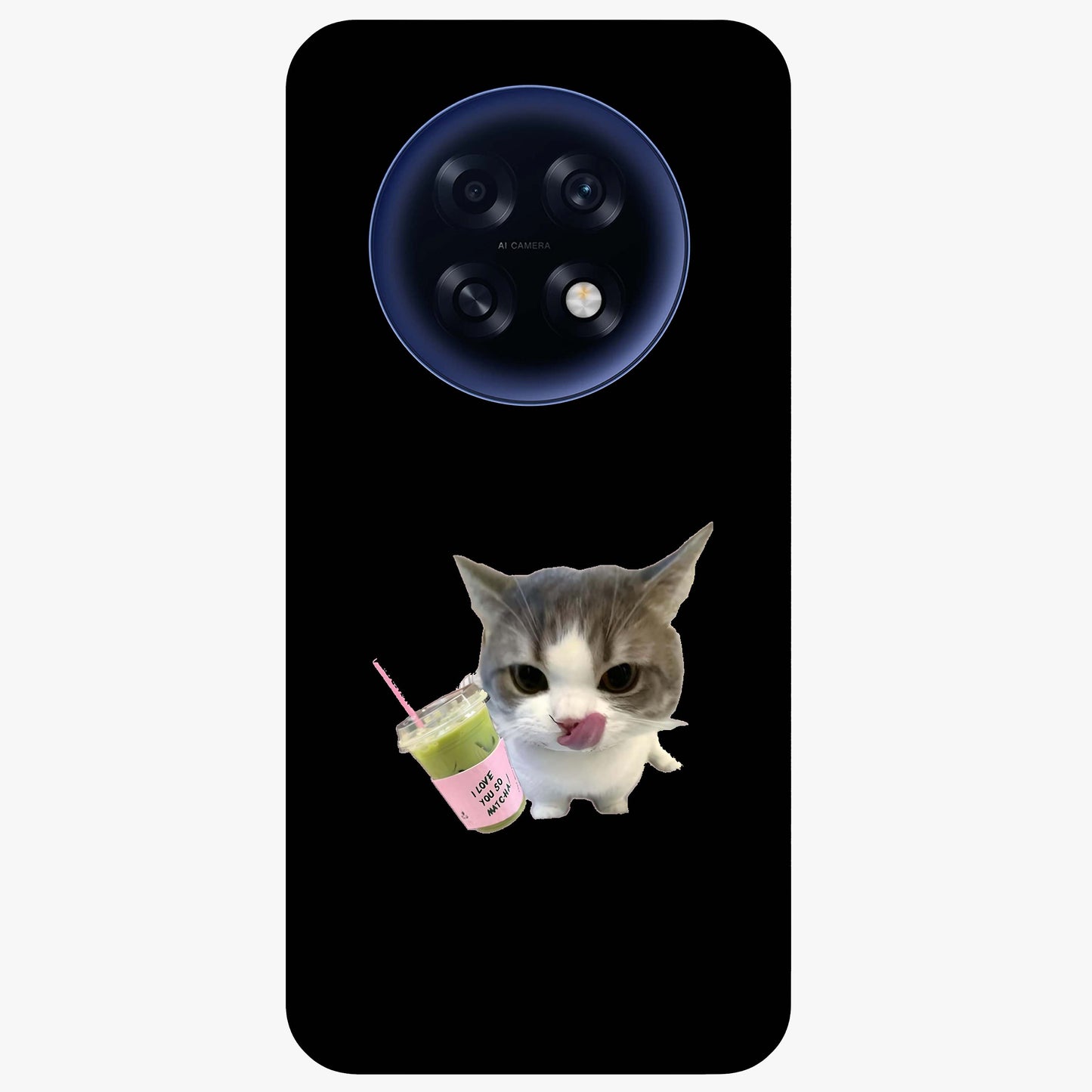 Matcha Cat Style Glass Case showing flat back view with cute matcha themed cat artwork and glossy glass finish.