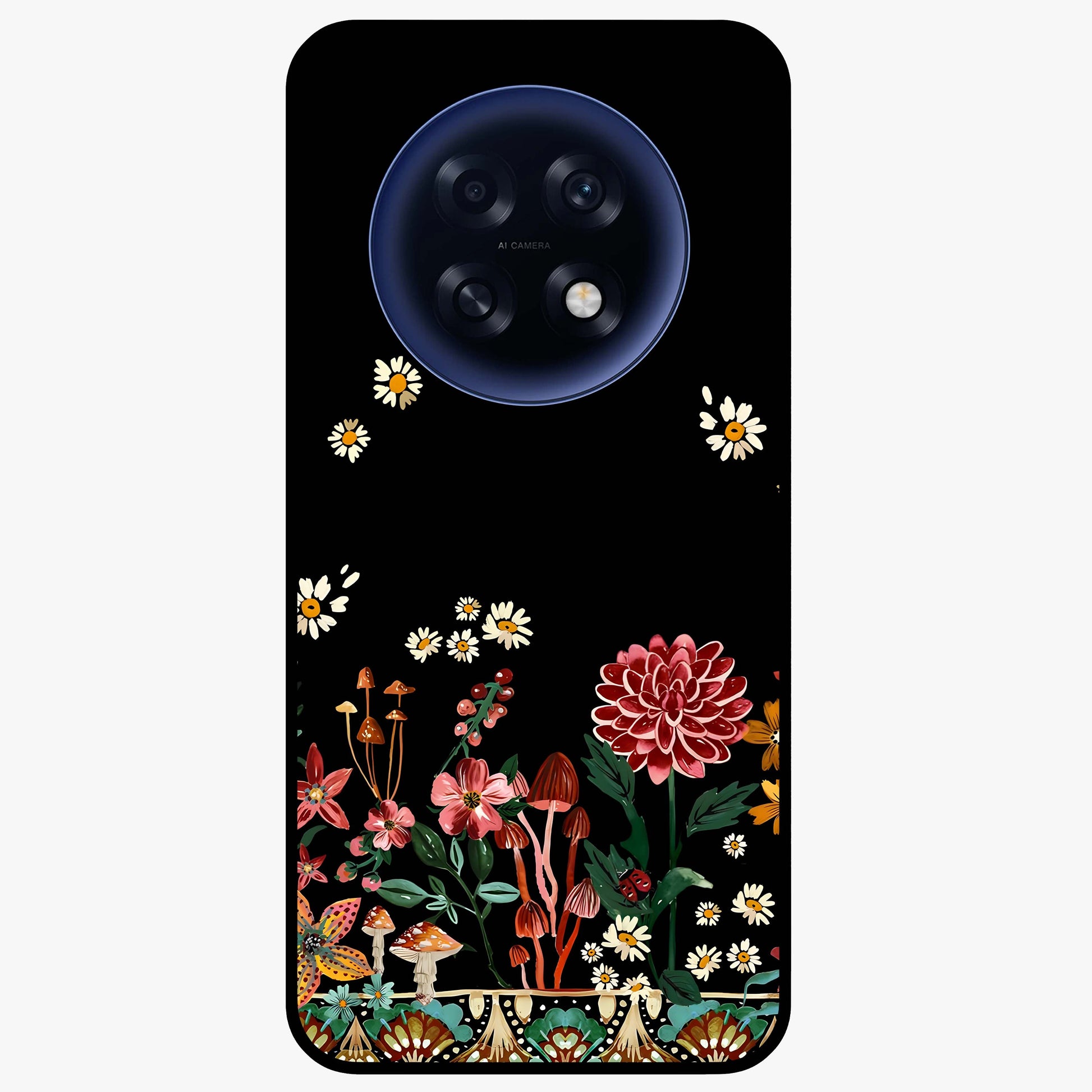 Midnight Bloom Pattern Glass Case showing flat back view with dark floral pattern artwork and glossy glass finish.