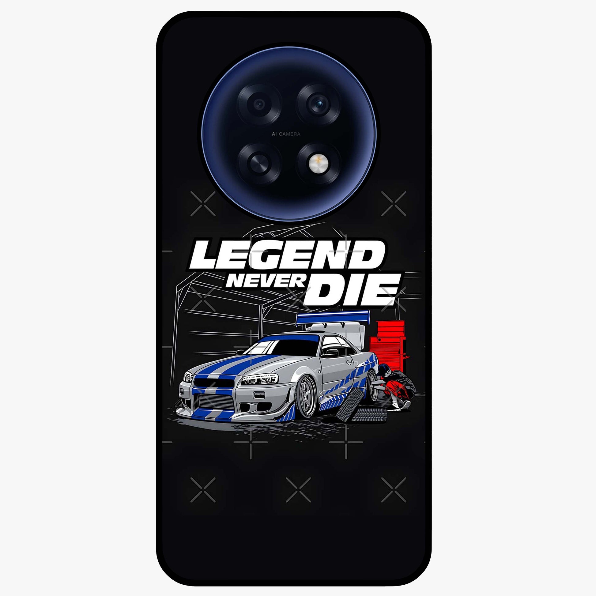 Midnight Racing Legacy Glass Case showing flat back view with sleek racing inspired artwork and glossy glass finish.