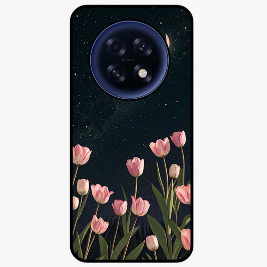 Midnight Tulip Whispers Vibe Glass Case showing flat back view with elegant tulip flower artwork and glossy glass finish.