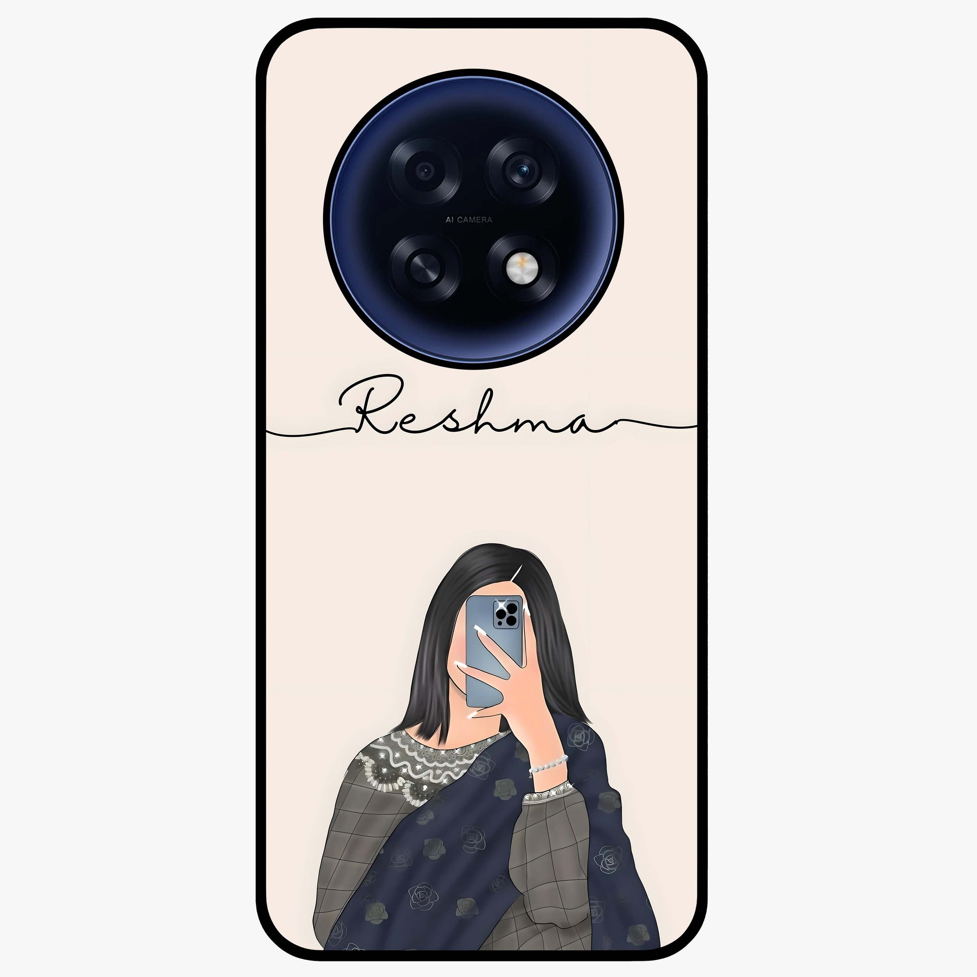 Mirror Mood Muse With Custom Name Glass Case showing flat back view with stylish mirrored artwork and personalized name design.