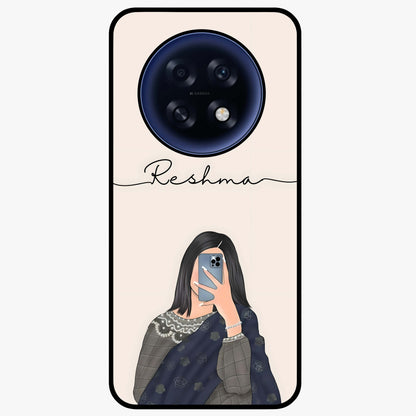Mirror Mood Muse With Custom Name Glass Case showing flat back view with stylish mirrored artwork and personalized name design.