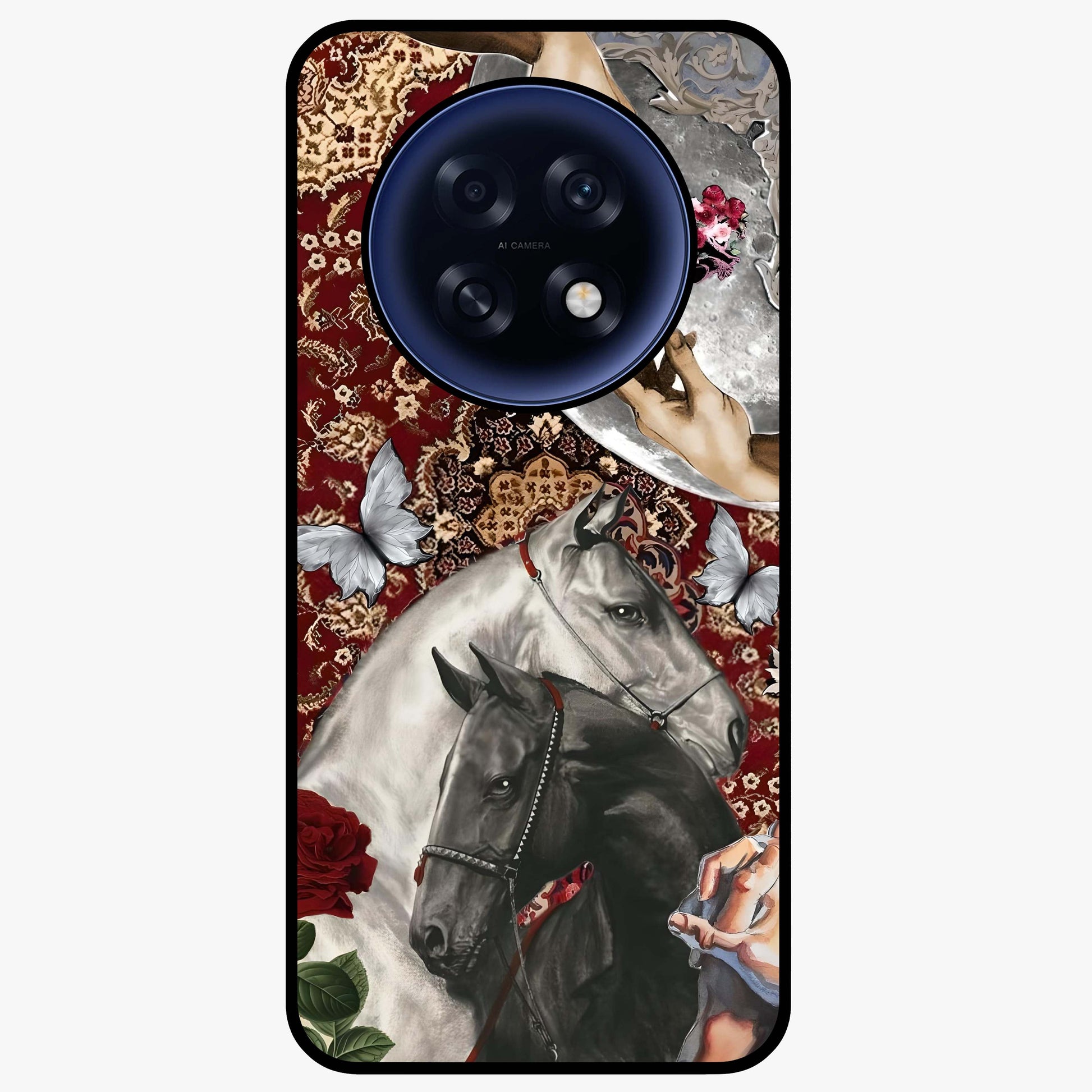 Moonlit Royal Stallion Glass Case showing flat back view with majestic horse under moonlight artwork and glossy glass finish.
