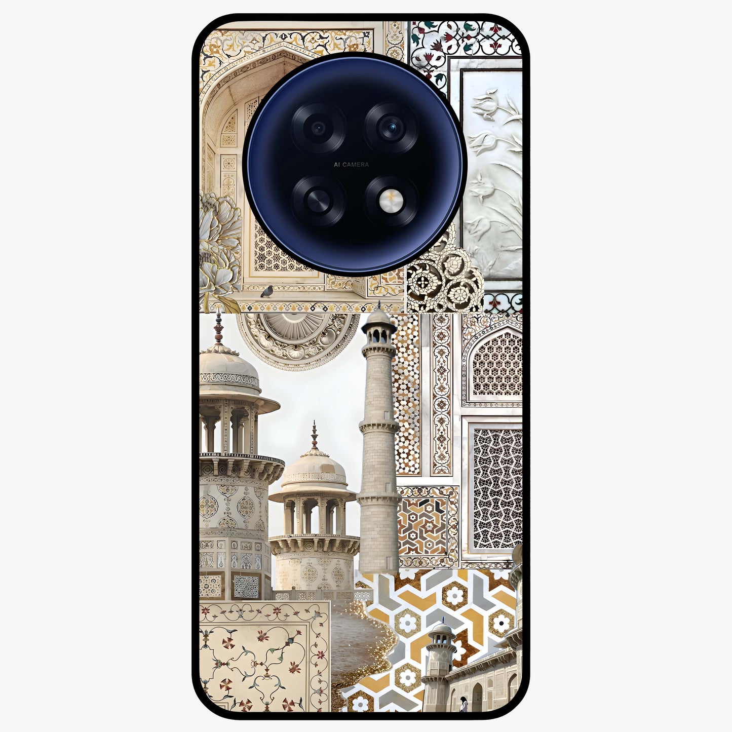 Mughal Marble Legacy Glass Case showing flat back view with intricate Mughal inspired marble pattern and glossy glass finish.