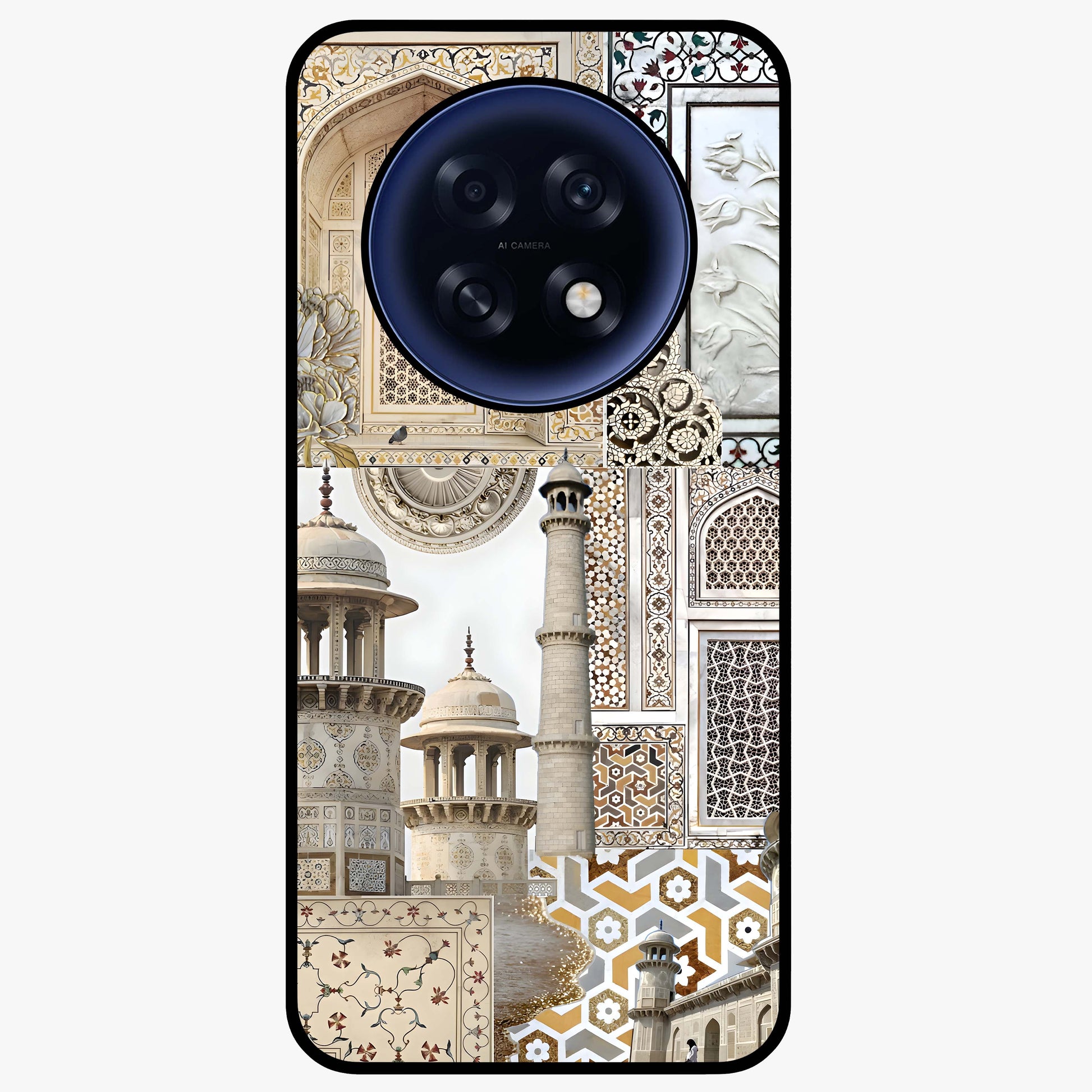 Mughal Marble Legacy Glass Case showing flat back view with intricate Mughal inspired marble pattern and glossy glass finish.