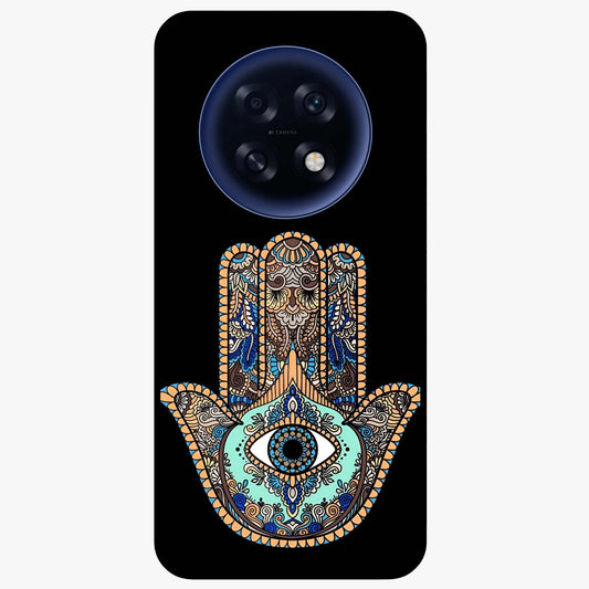 Mystic Hamsa Eye Glass Case showing flat back view with protective hamsa hand and evil eye artwork and glossy glass finish.