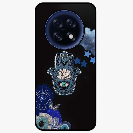 Mystic Hand Aura Glass Case showing flat back view with mystical hand symbol artwork and glossy glass finish.