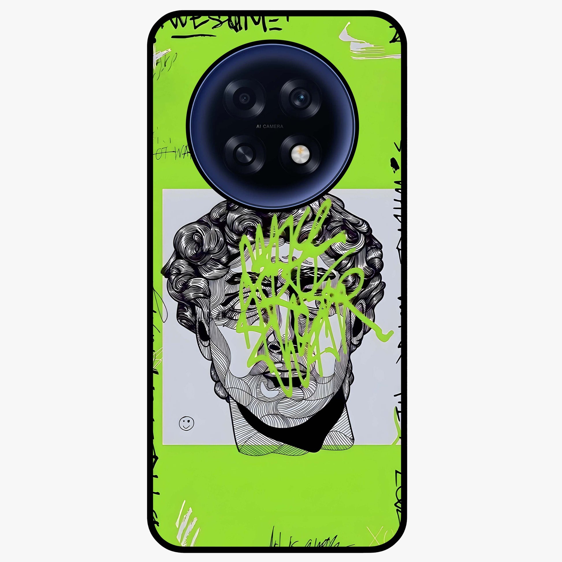 Neo Graffiti Rebellion Glass Case showing flat back view with vibrant graffiti artwork and glossy glass finish.