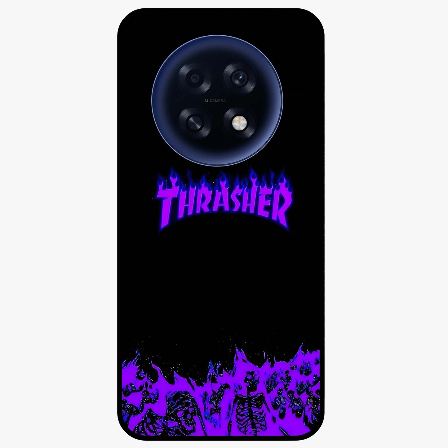 Neon Flame Riot Glass Case showing flat back view with neon flame artwork and glossy glass finish.