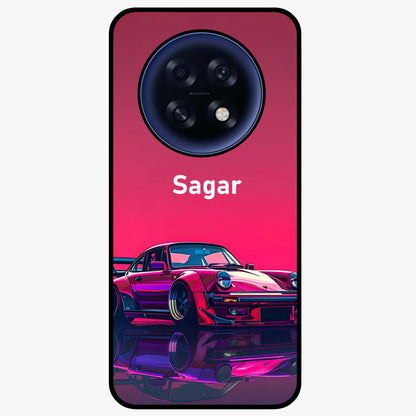 Neon Pink Porsche Glass Case showing flat back view with stylish sports car artwork and glossy glass finish.