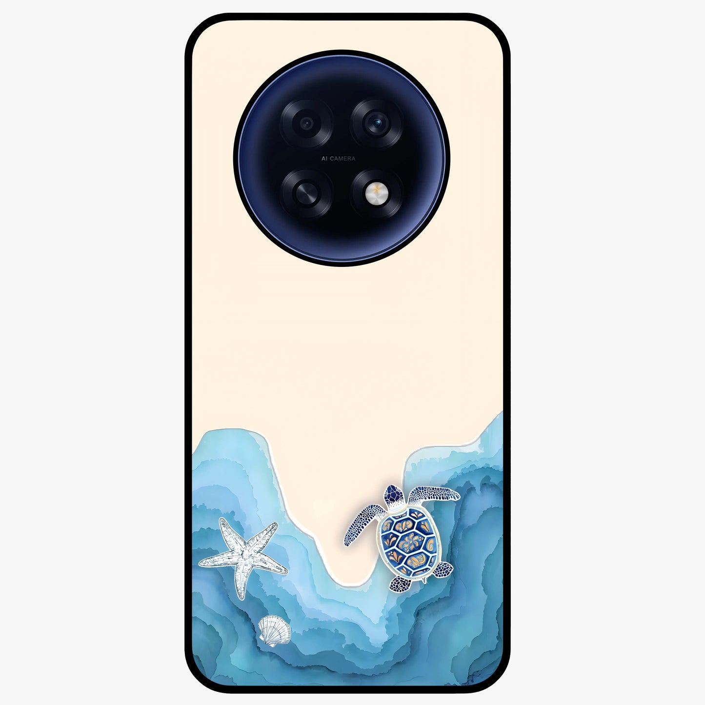 Ocean Drift Turtle Glass Case showing flat back view with sea turtle artwork and glossy glass finish.