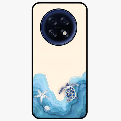 Ocean Drift Turtle Glass Case showing flat back view with sea turtle artwork and glossy glass finish.