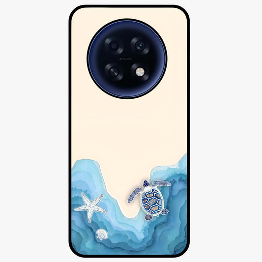 Ocean Drift Turtle Glass Case showing flat back view with sea turtle artwork and glossy glass finish.